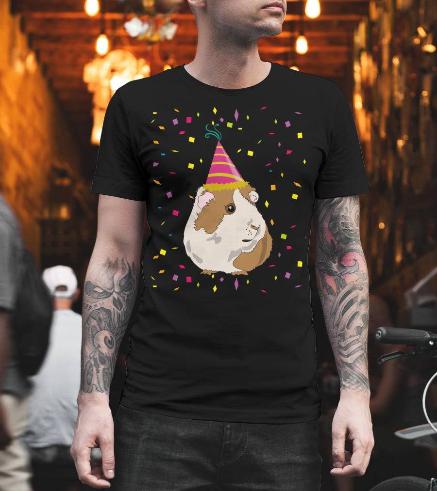 Funny Guinea Pig Birthday Celebration with Party Hat and Confetti T-Shirt