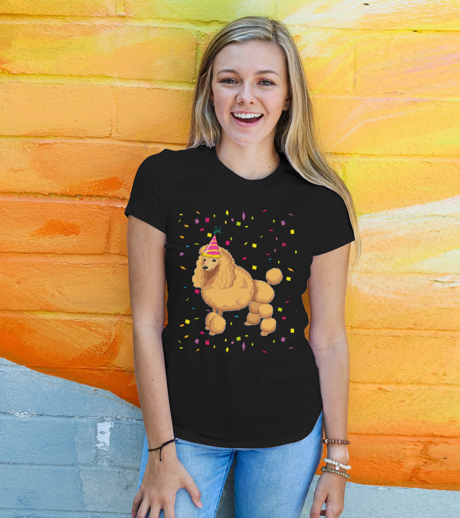 Funny Poodle Birthday Dog With Party Hat And Confetti T-Shirt