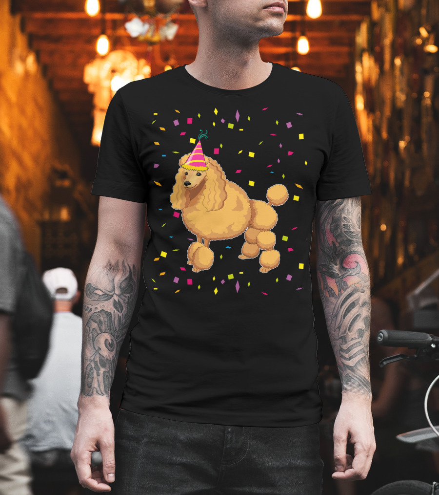 Funny Poodle Birthday Dog With Party Hat And Confetti T-Shirt