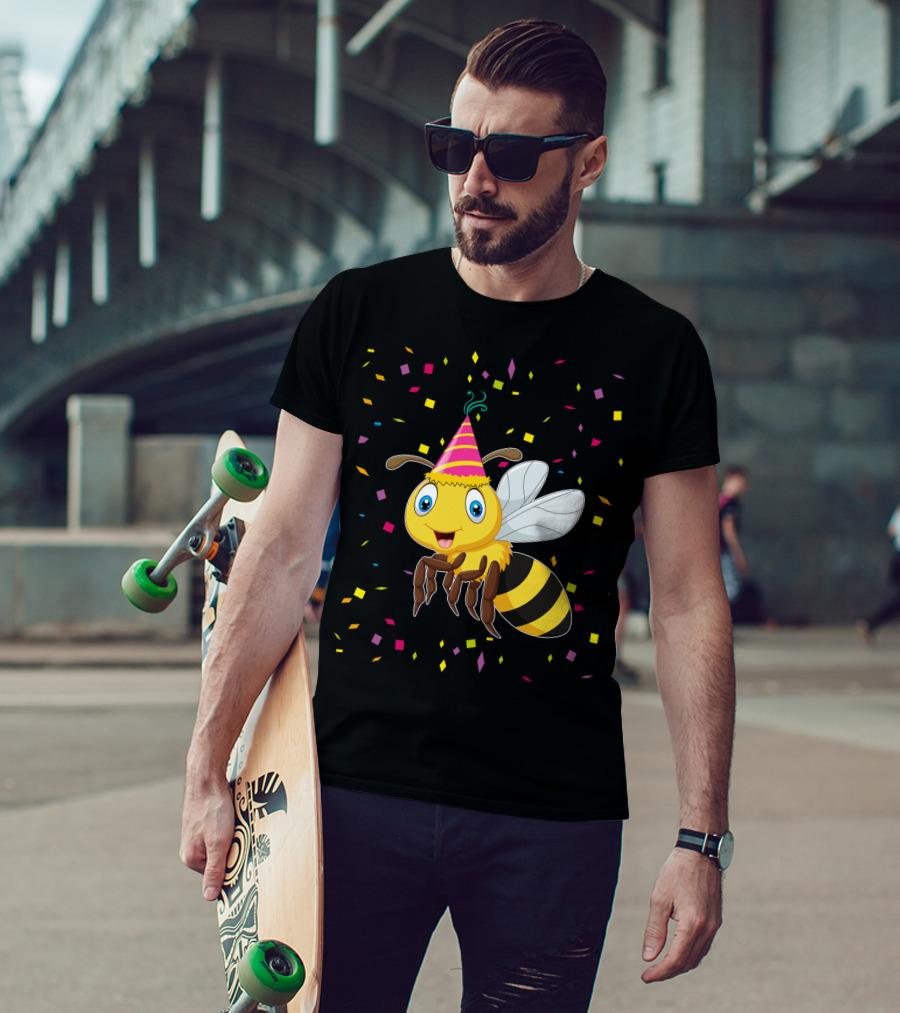 Funny Bee Birthday With Confetti And Party Hat T-Shirt