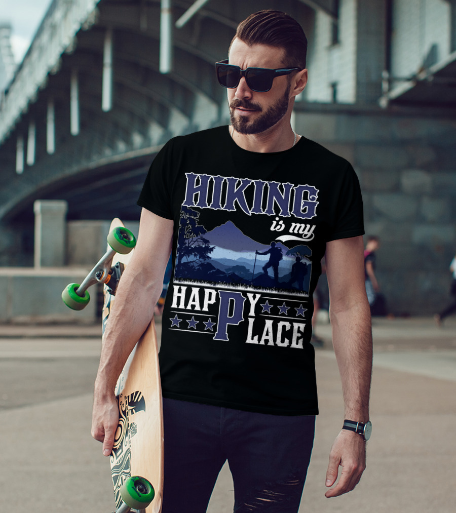 Hiking Is My Happy Place Mountain Silhouette Adventure T-Shirt