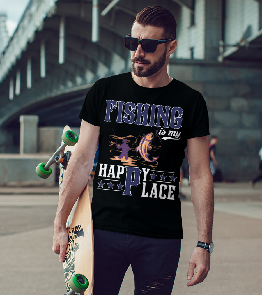 Fishing Is My Happy Place With Angler And Fish T-Shirt