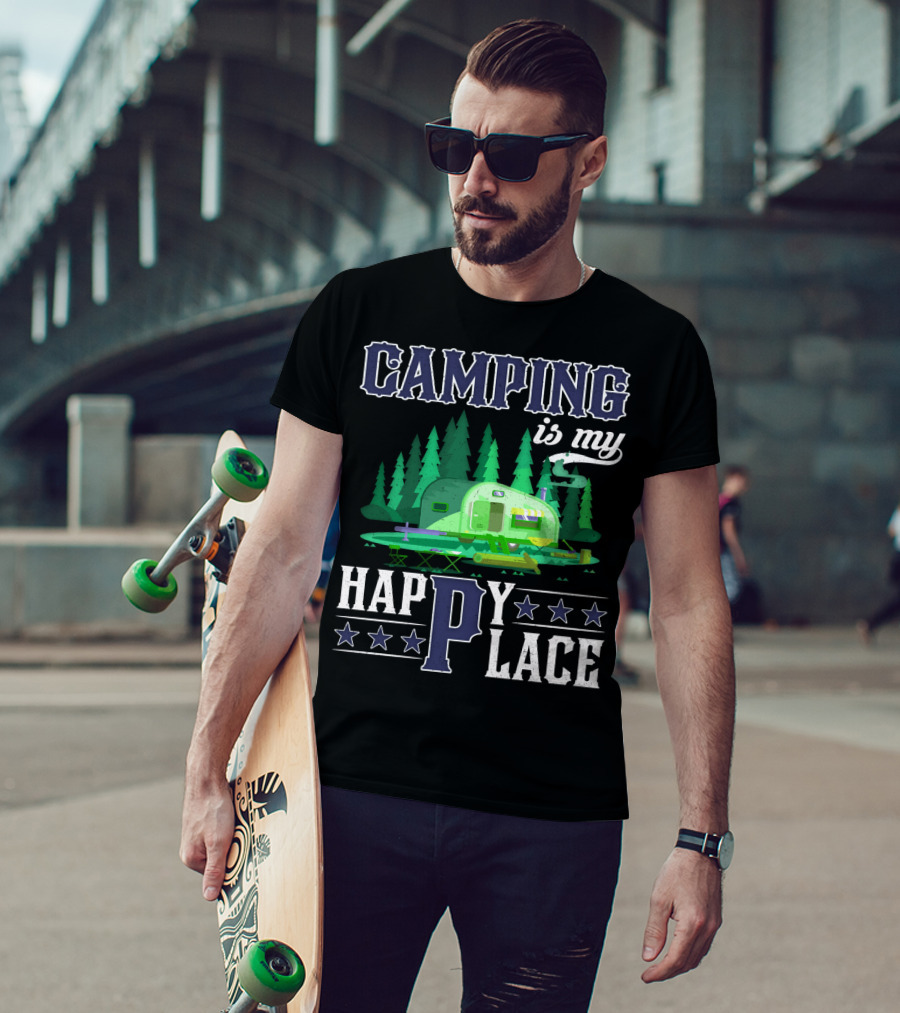 Camping Is My Happy Place Camper Forest Scene With Stars T-Shirt