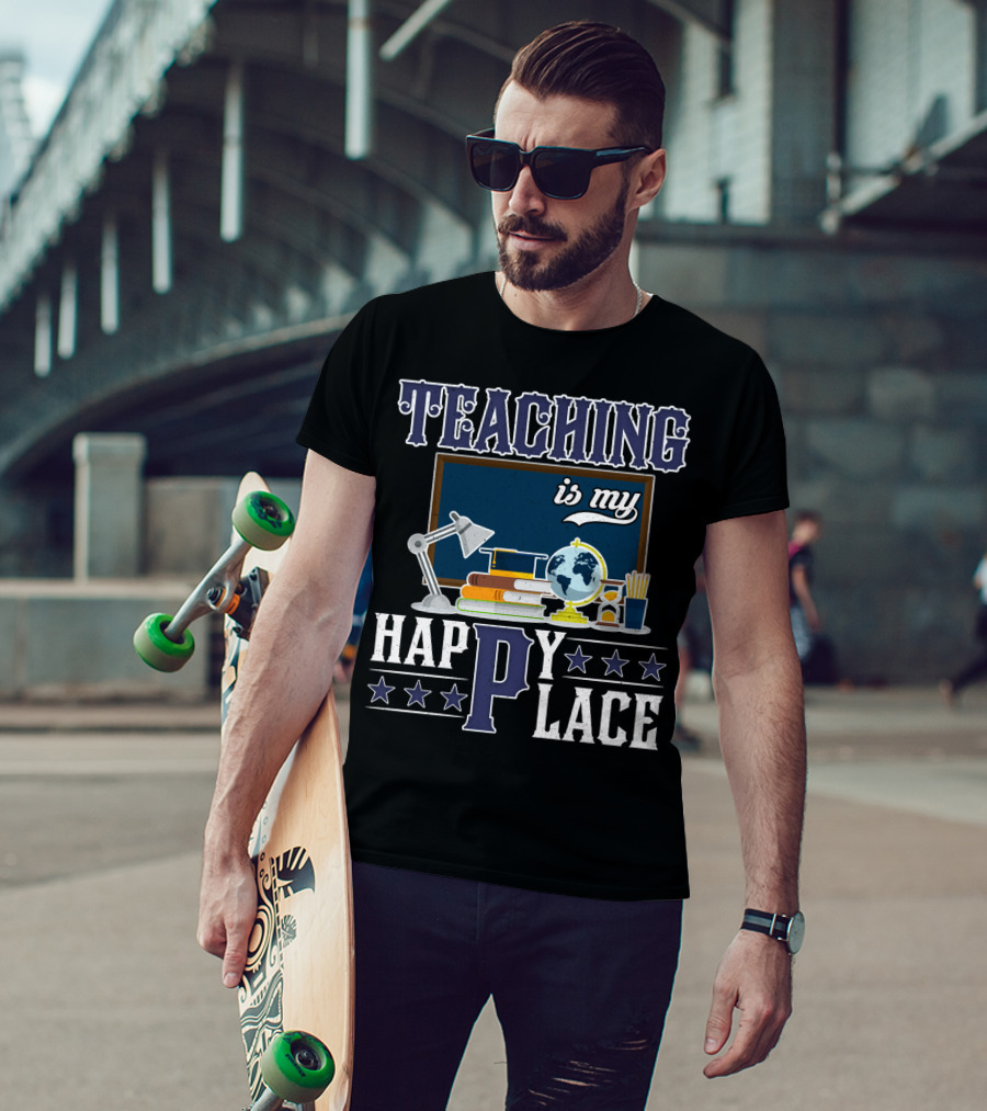Teaching Is My Happy Place Blackboard Books Globe Lamp Stars T-Shirt