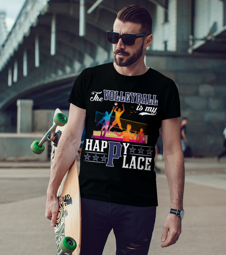 The Volleyball Is My Happy Place Colorful Players Action Scene T-Shirt