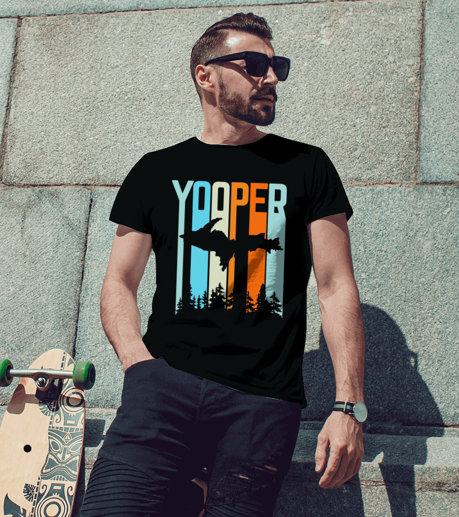 Yooper Silhouette Upper Peninsula Retro Stripes T-Shirt