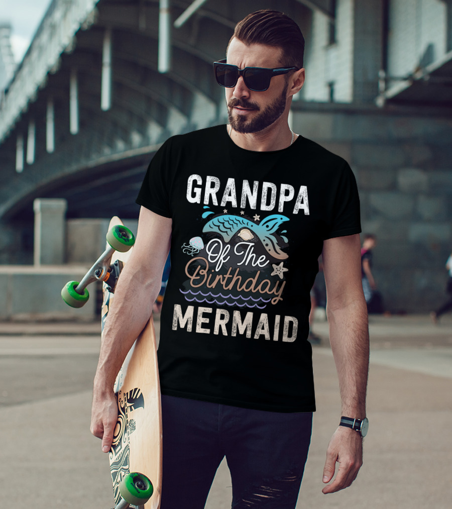Grandpa Of The Birthday Mermaid With Whale Tail And Jellyfish T-Shirt