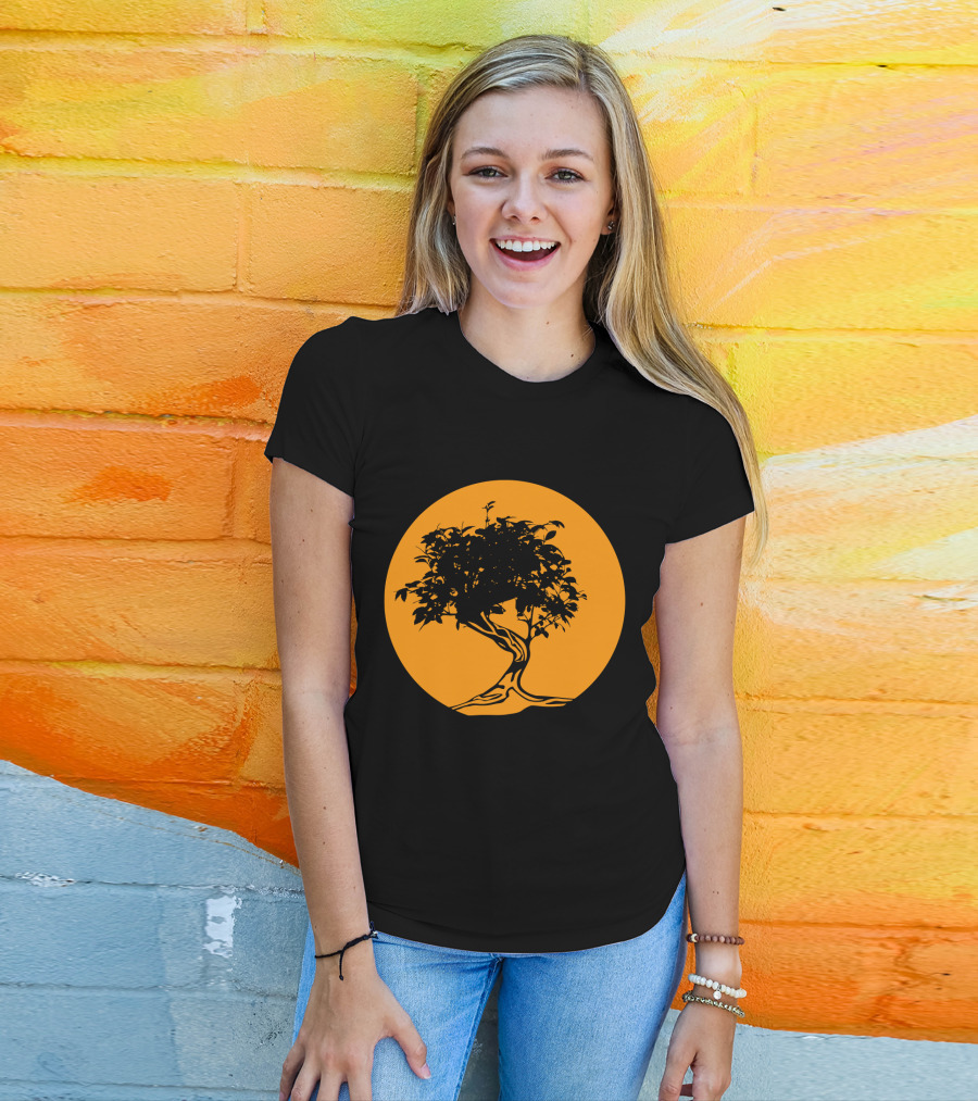 Bonsai Japan Yin Yang Monk Tree Silhouette Circle T-Shirt