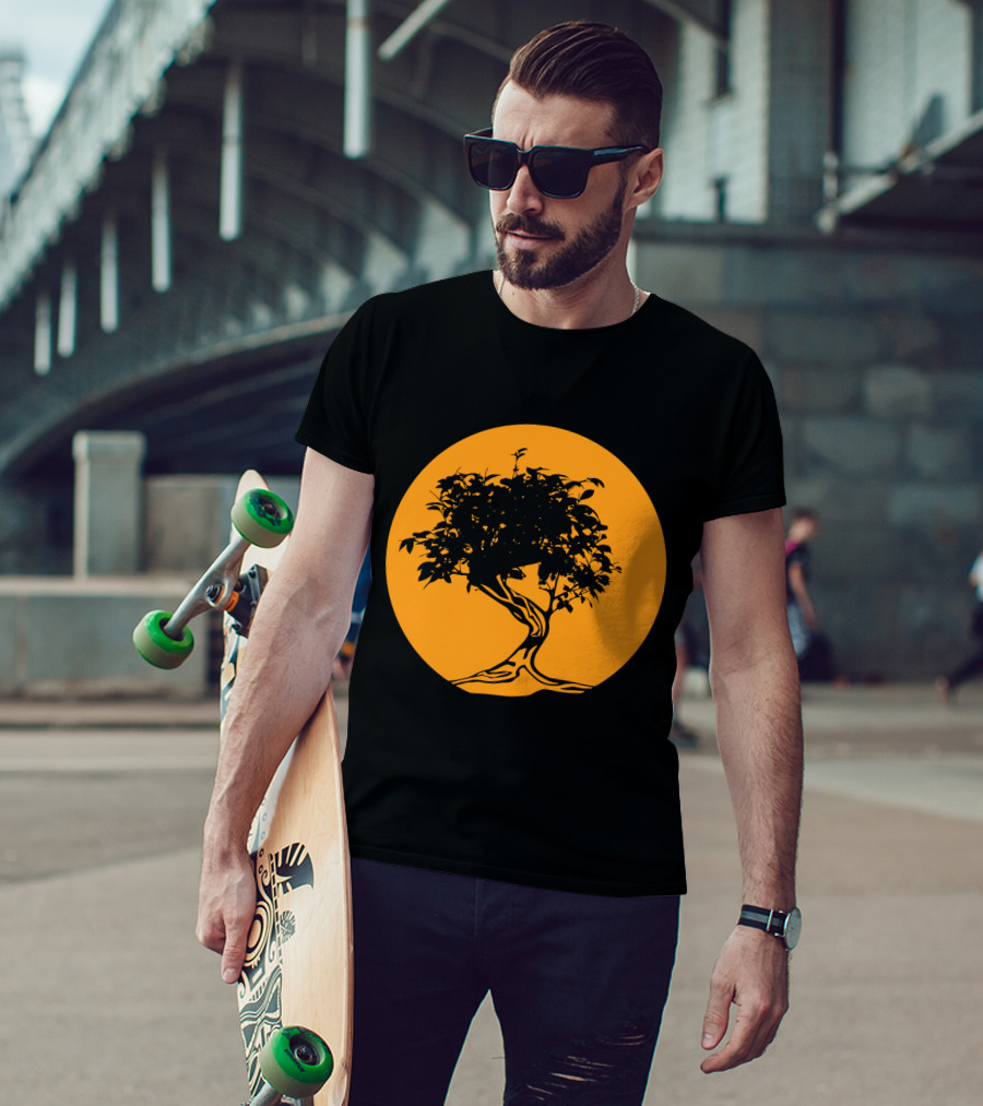 Bonsai Japan Yin Yang Monk Tree Silhouette Circle T-Shirt