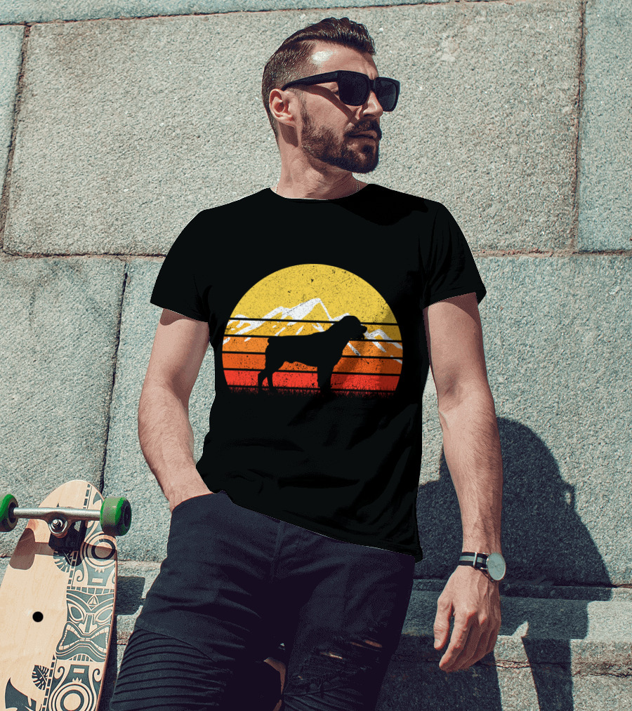 Retro Vintage Rottweiler Dog Silhouette Sunset Mountains T-Shirt