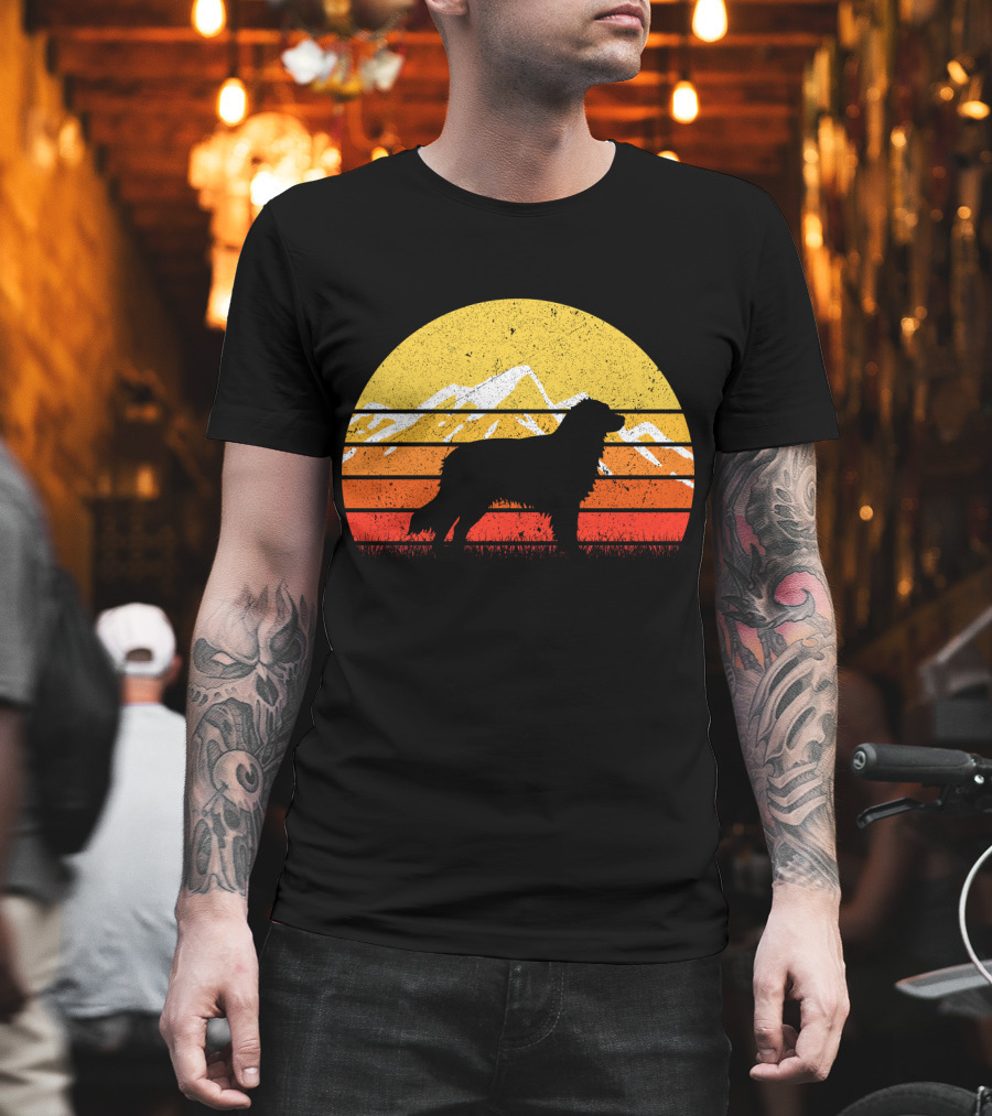 Retro Vintage Australian Shepherd Dog Silhouette Sunset Mountain Scene T-Shirt