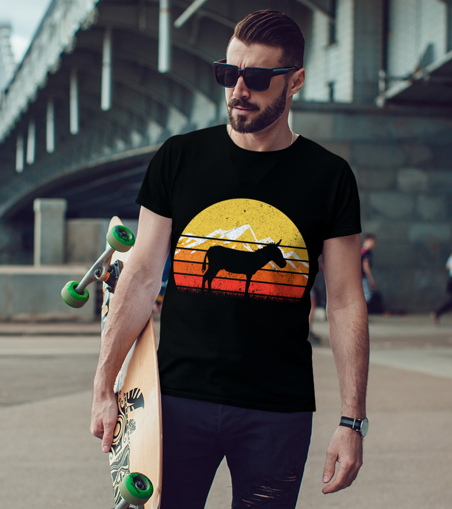 Retro Vintage Donkey Sunset Silhouette With Mountains T-Shirt