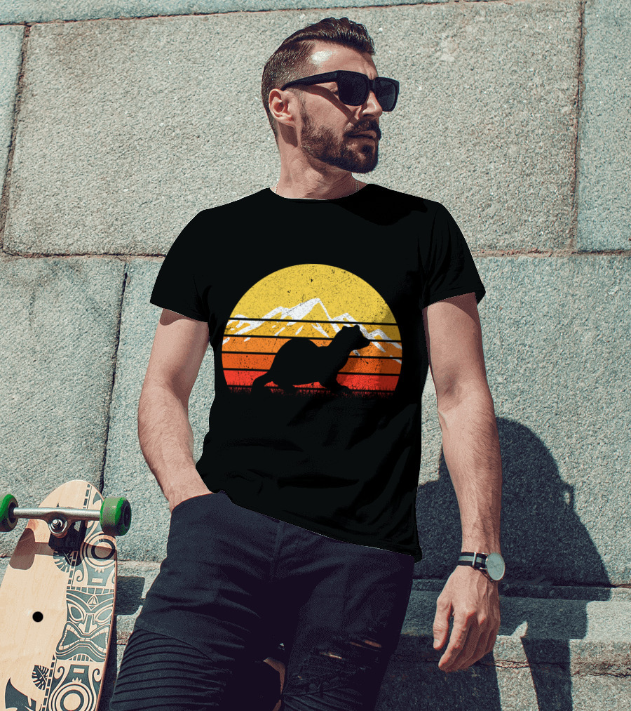 Retro Vintage Ferret Sunset Silhouette Mountain Stripes T-Shirt