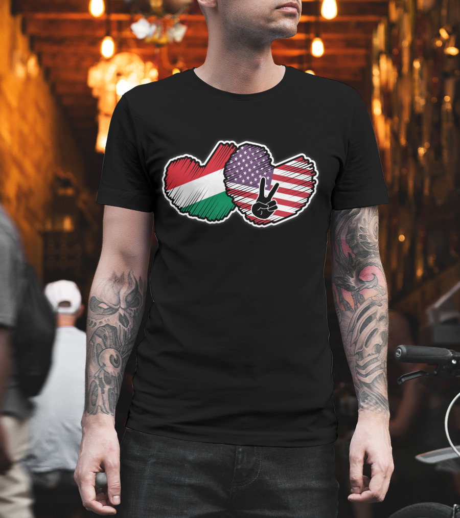 Peace Sign with Hungarian and American Heart-Shaped National Flags T-Shirt