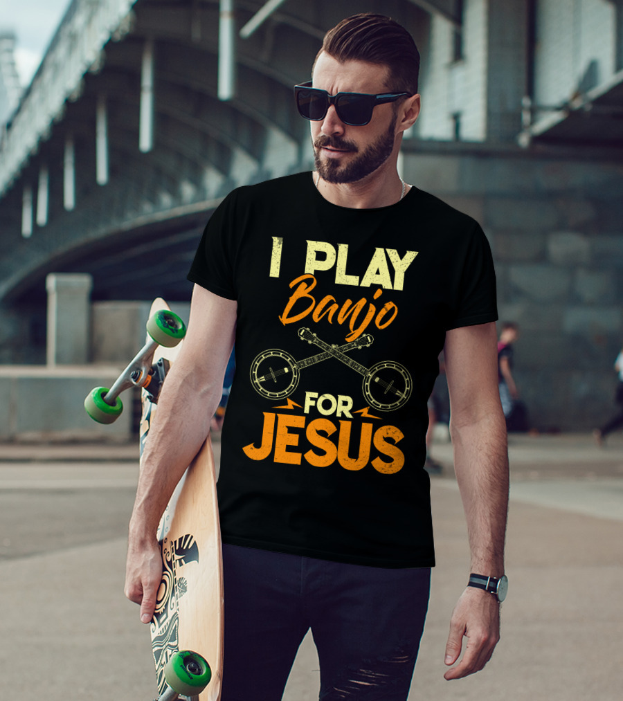 I Play Banjo For Jesus With Crossed Banjos In Orange T-Shirt