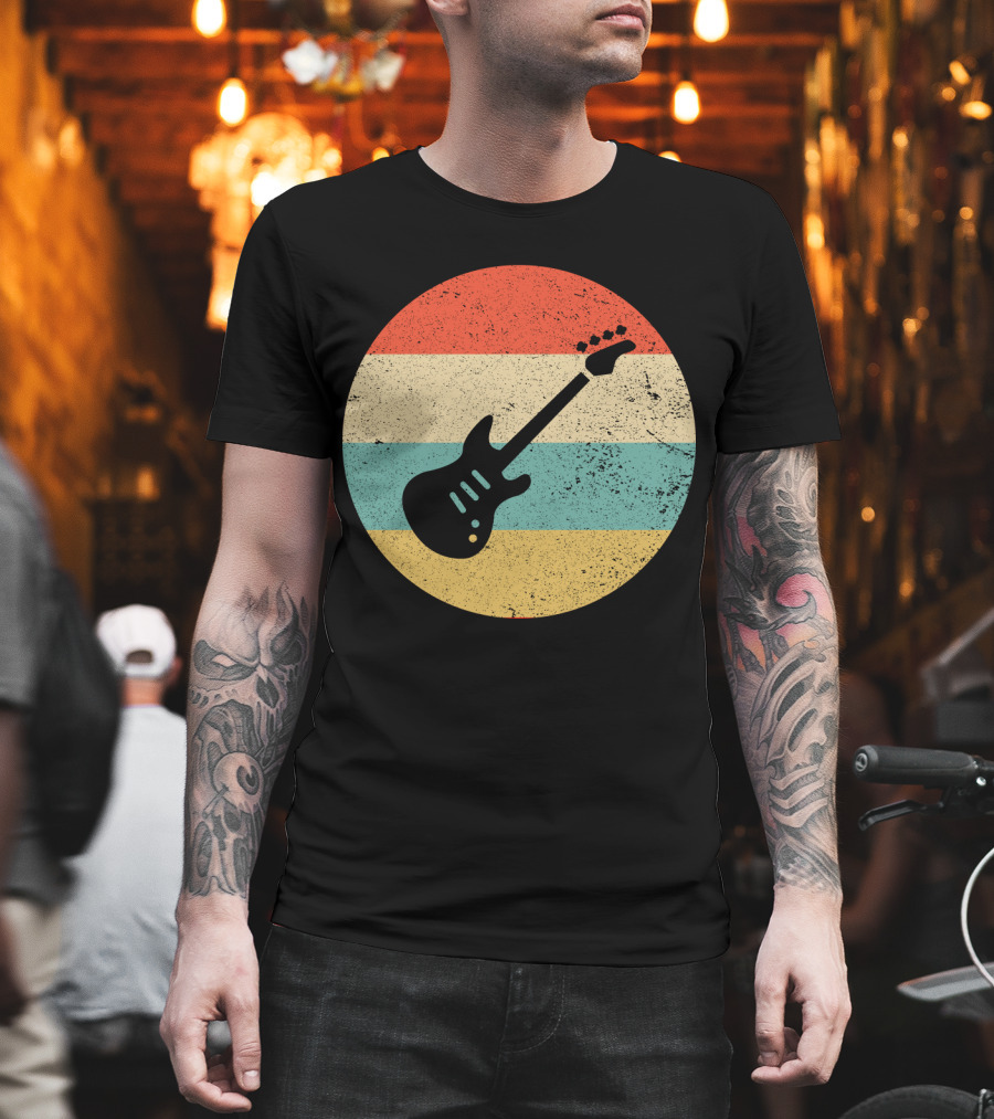 Vintage Retro Bass Guitar Silhouette Sunset Stripes T-Shirt