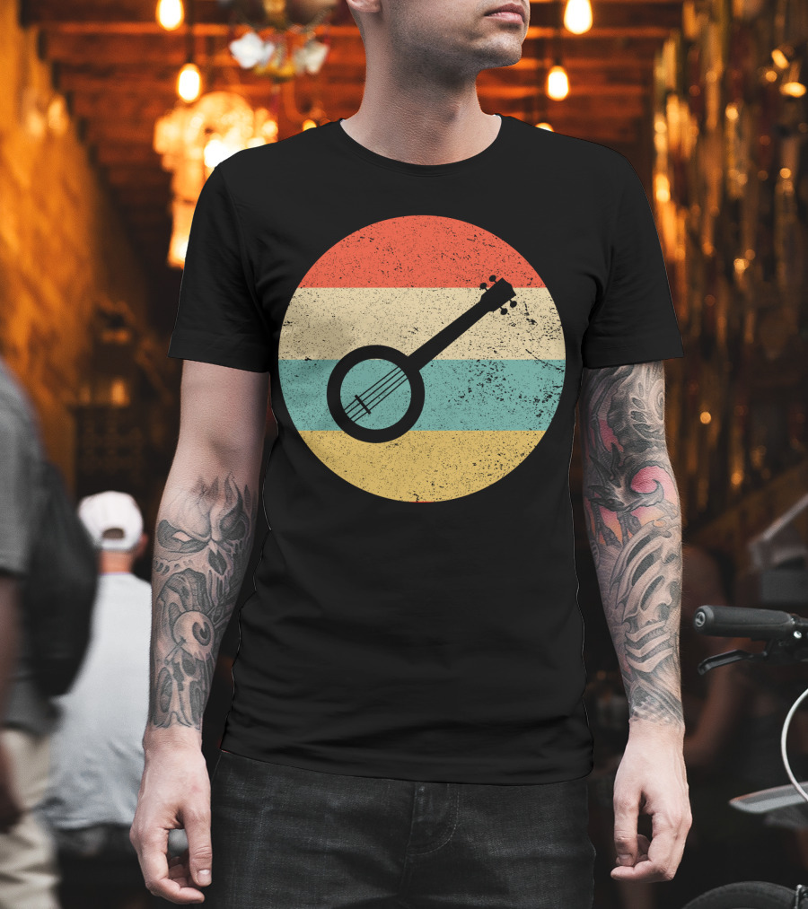 Retro Banjo Silhouette On Vintage Striped Circle T-Shirt