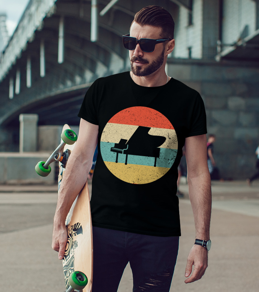 Vintage Retro Piano Silhouette With Stripes T-Shirt