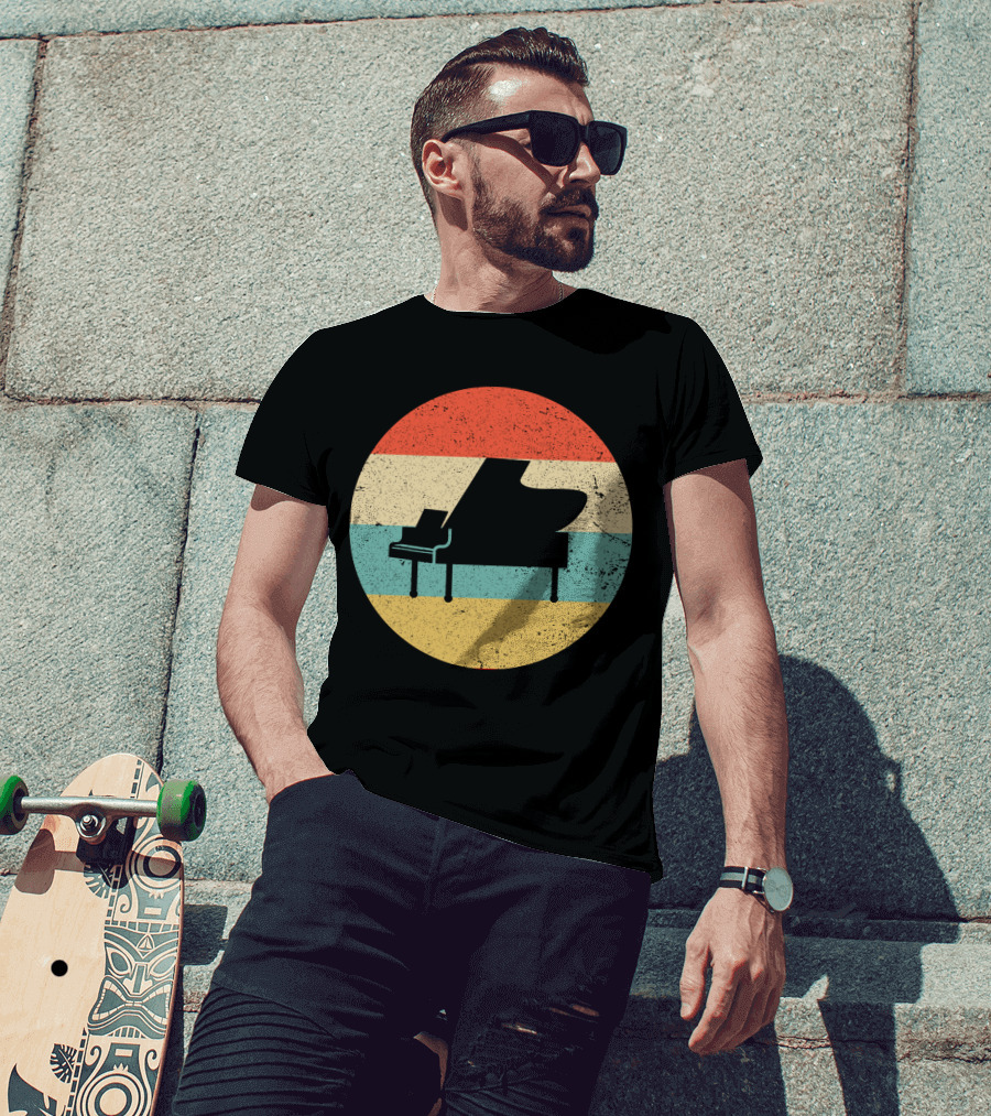 Vintage Retro Piano Silhouette With Stripes T-Shirt