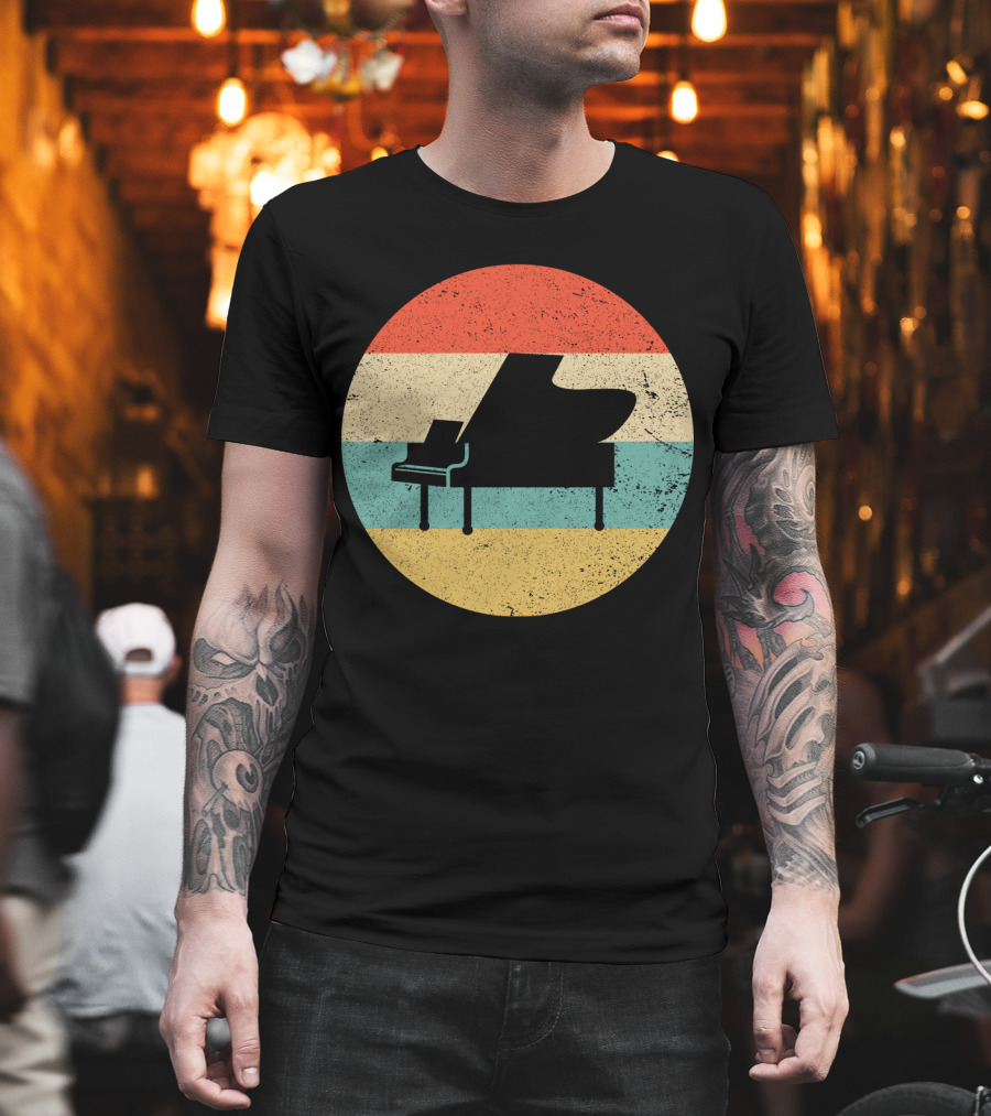 Vintage Retro Piano Silhouette with Stripes T-Shirt