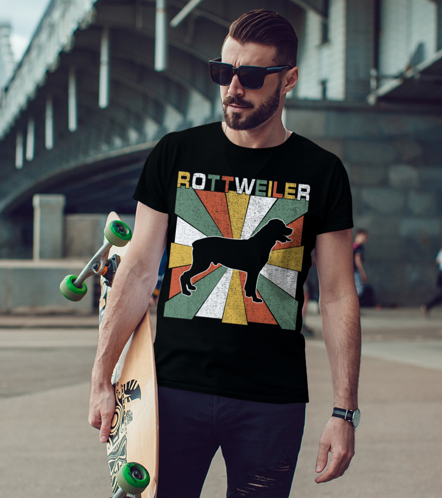 Rottweiler Dogs Retro 70s Vintage Silhouette Multicolor Stripes T-Shirt