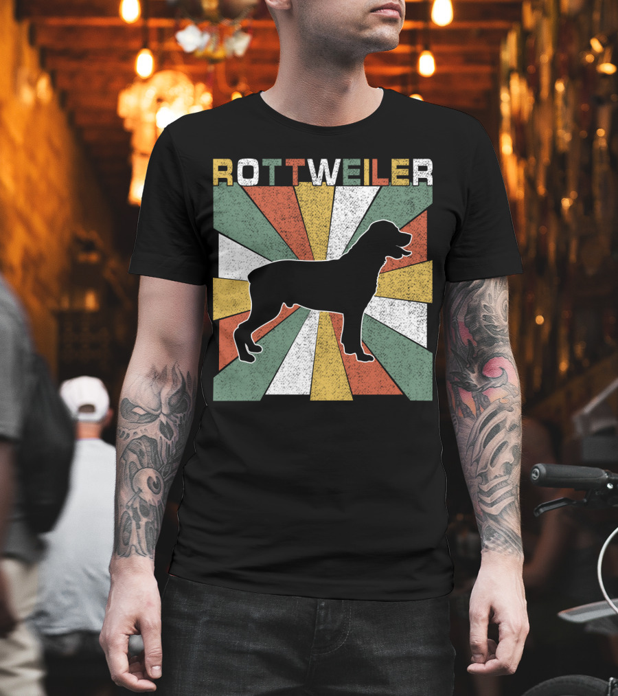 Rottweiler Dogs Retro 70s Vintage Silhouette Multicolor Stripes T-Shirt