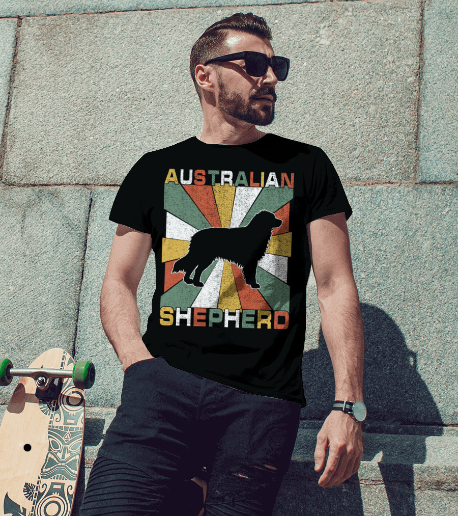 Australian Shepherd Dog Silhouette Retro 70s T-Shirt