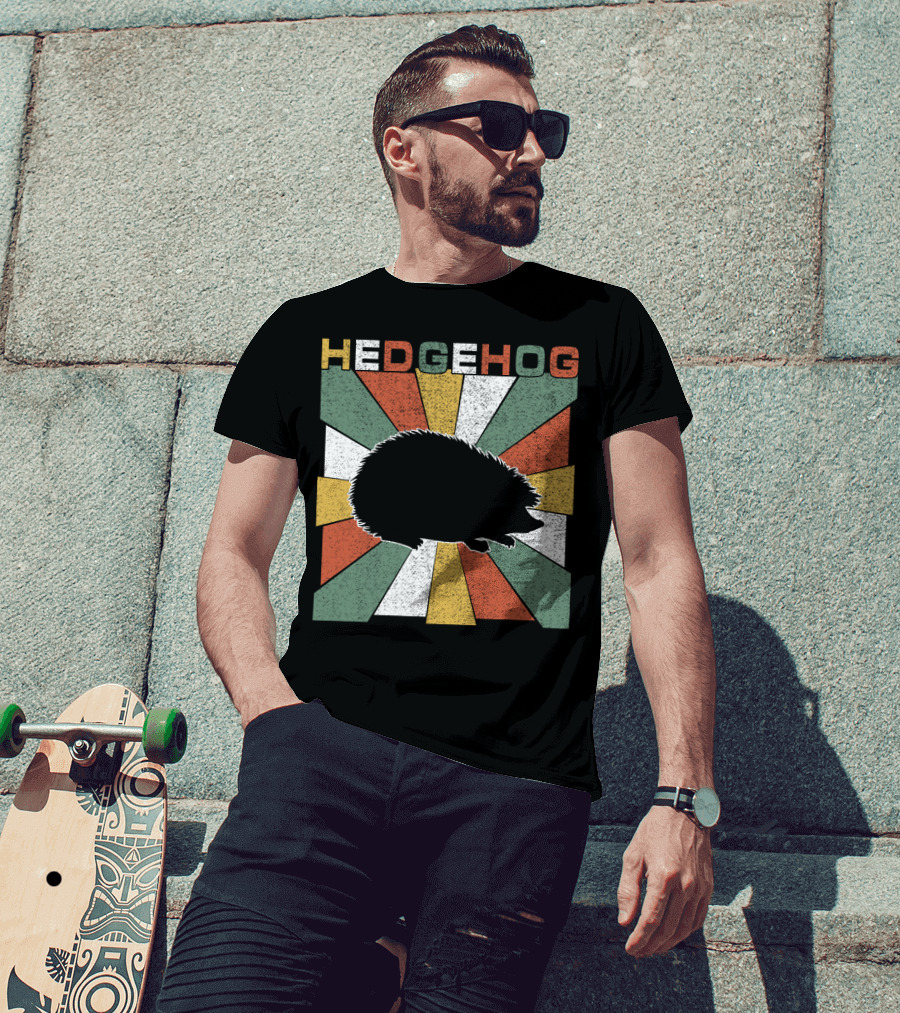 Hedgehog Retro 70s Silhouette Vintage Stripe Burst T-Shirt