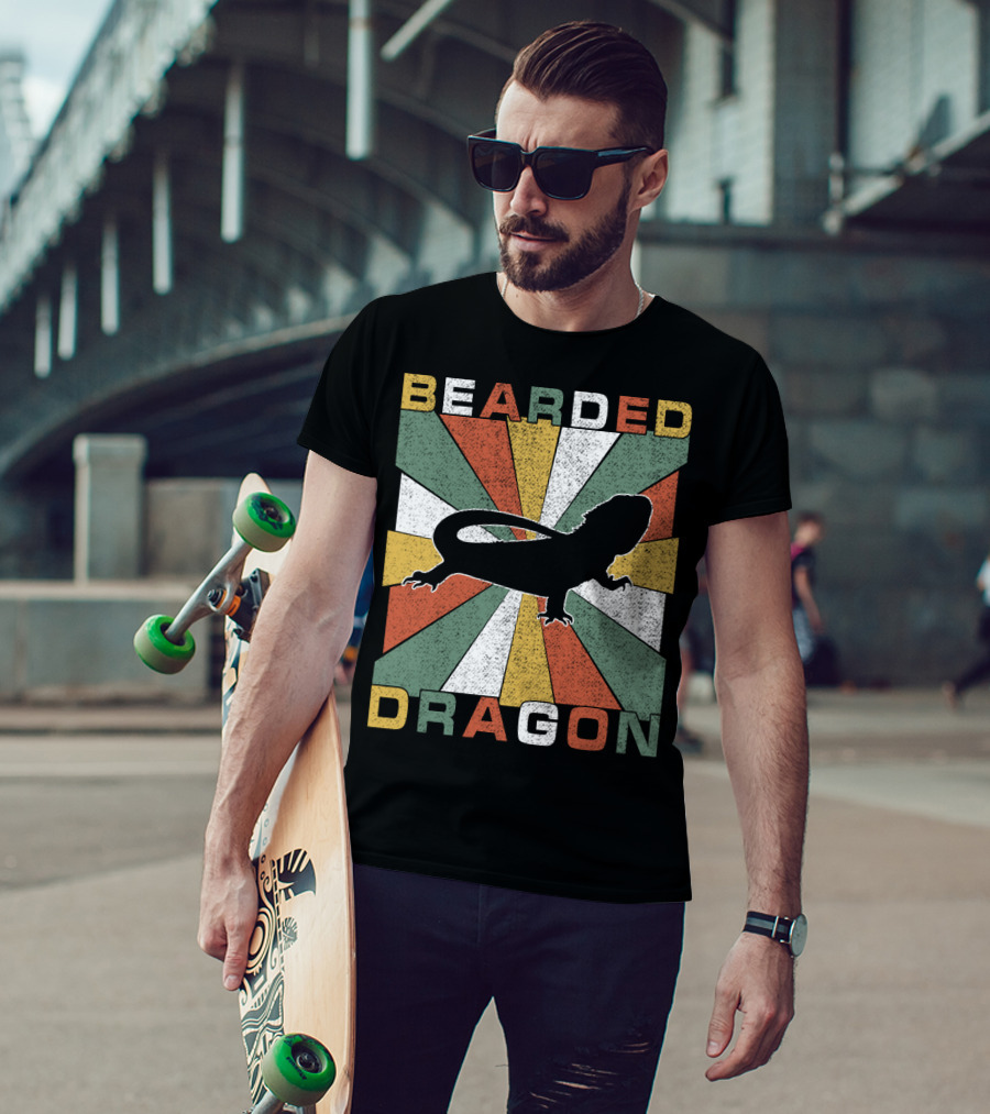 Bearded Dragon Retro 70s Vintage Silhouette Sunburst T-Shirt