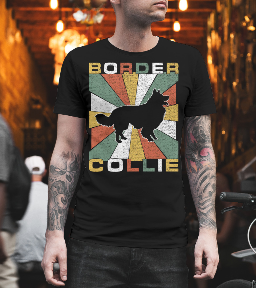 Border Collie Retro 70s Silhouette Radiant Stripes T-Shirt