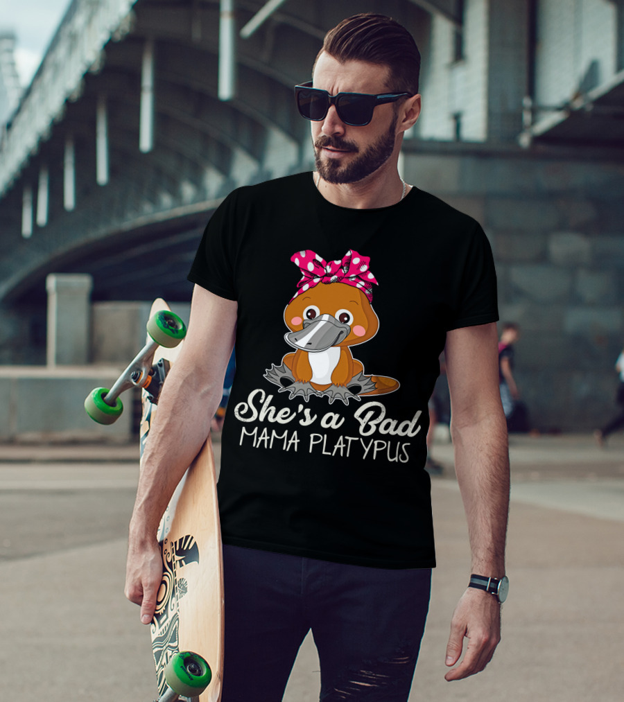 She's A Bad Mama Platypus Cute Cartoon Character With Pink Polka Dot Bow T-Shirt