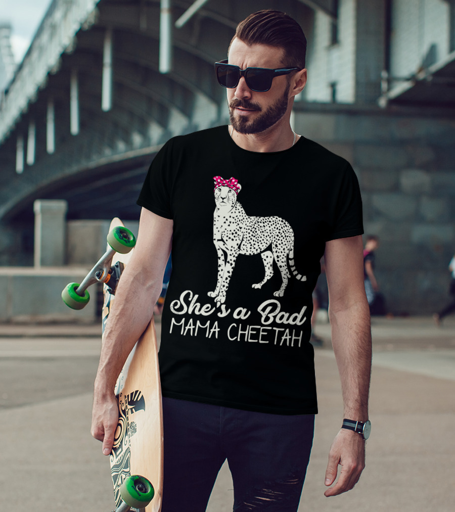 She's A Bad Mama Cheetah With Pink Polka Dot Bow T-Shirt