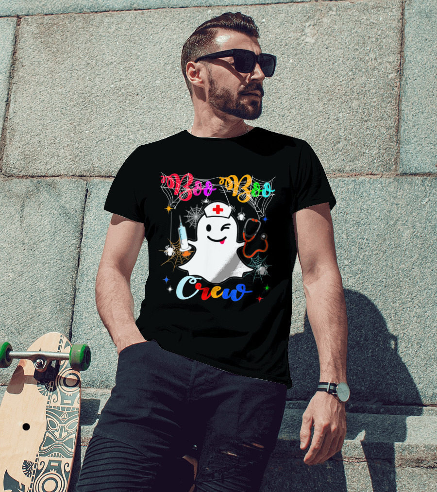 Boo Boo Crew Ghost Nurse Winking With Stethoscope And Syringe Halloween Spider Webs T-Shirt