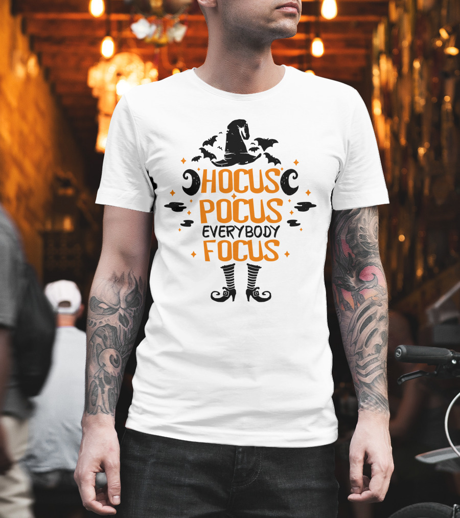 Halloween Hocus Pocus Everybody Focus Funny Teacher Witch Hat Bats Boots T-Shirt