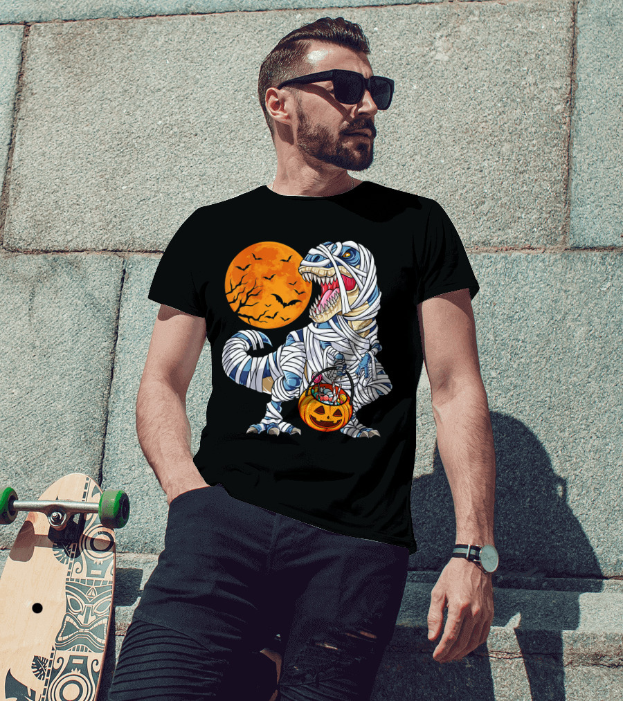Halloween Dinosaur T-Rex Mummy Pumpkin Moon Bats T-Shirt