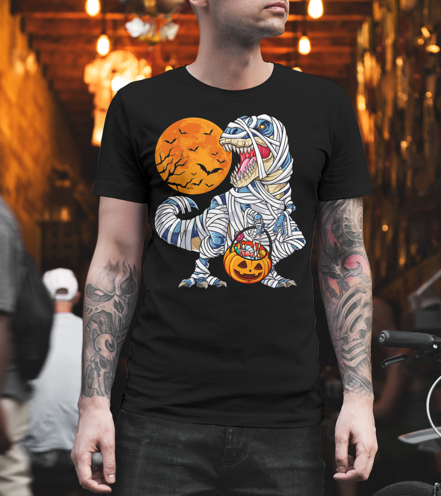 Halloween Dinosaur T-Rex Mummy Pumpkin Moon Bats T-Shirt