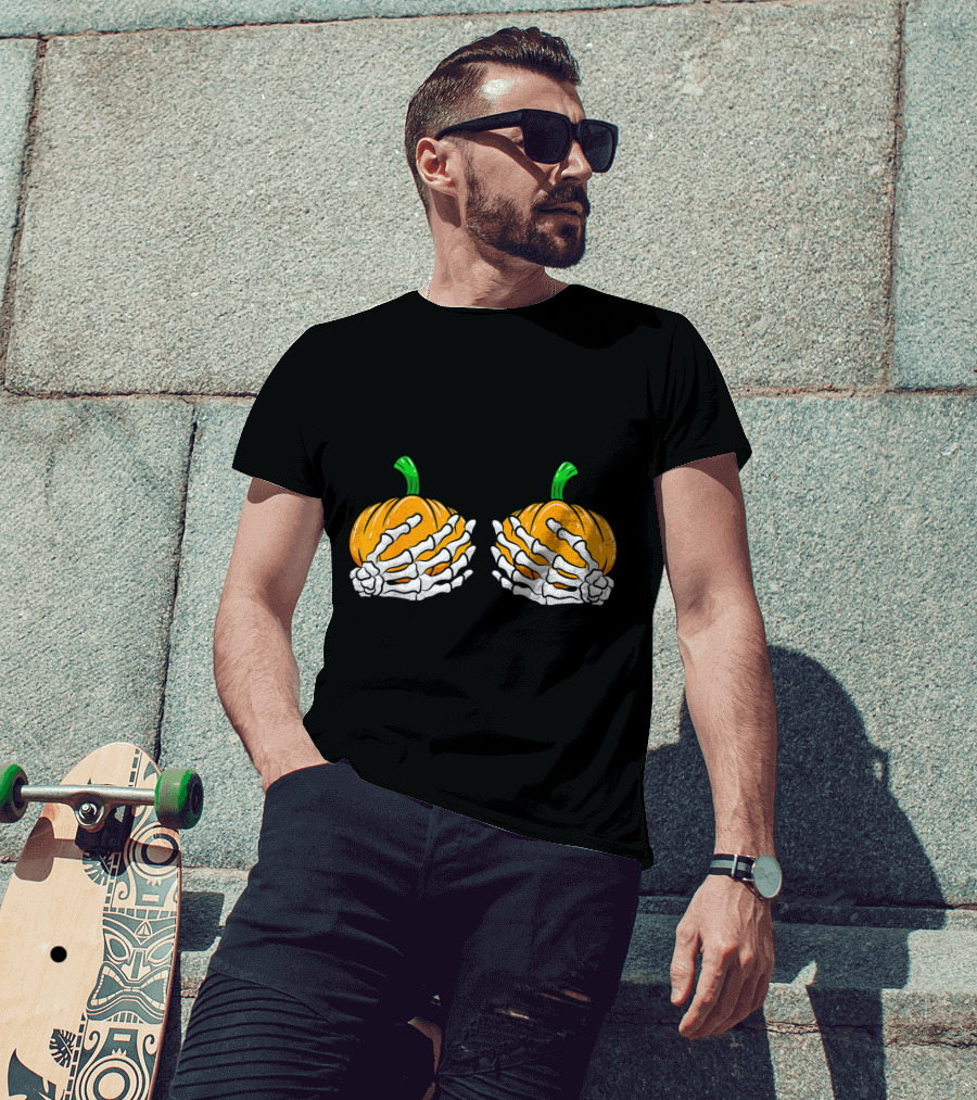Halloween Pumpkin Skeleton Hands Bra T-Shirt