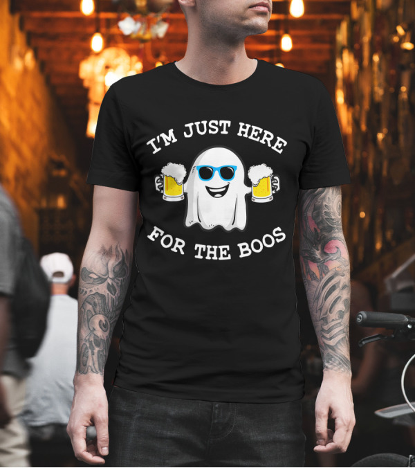 I'm Just Here for the Boos Funny Halloween Ghost with Beers and Sunglasses T-Shirt I'm Just Here for the Boos Funny Halloween Ghost with Beers and Sunglasses T-Shirt