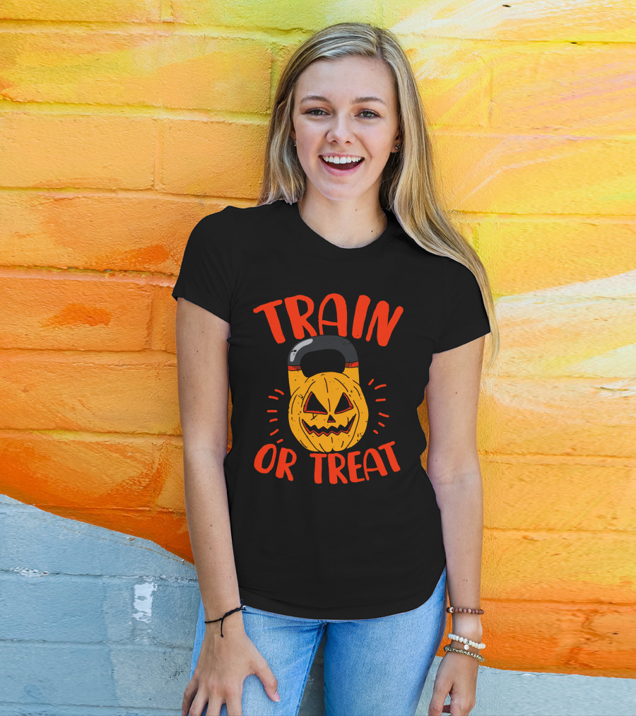 Train Or Treat Pumpkin Kettlebell T-Shirt