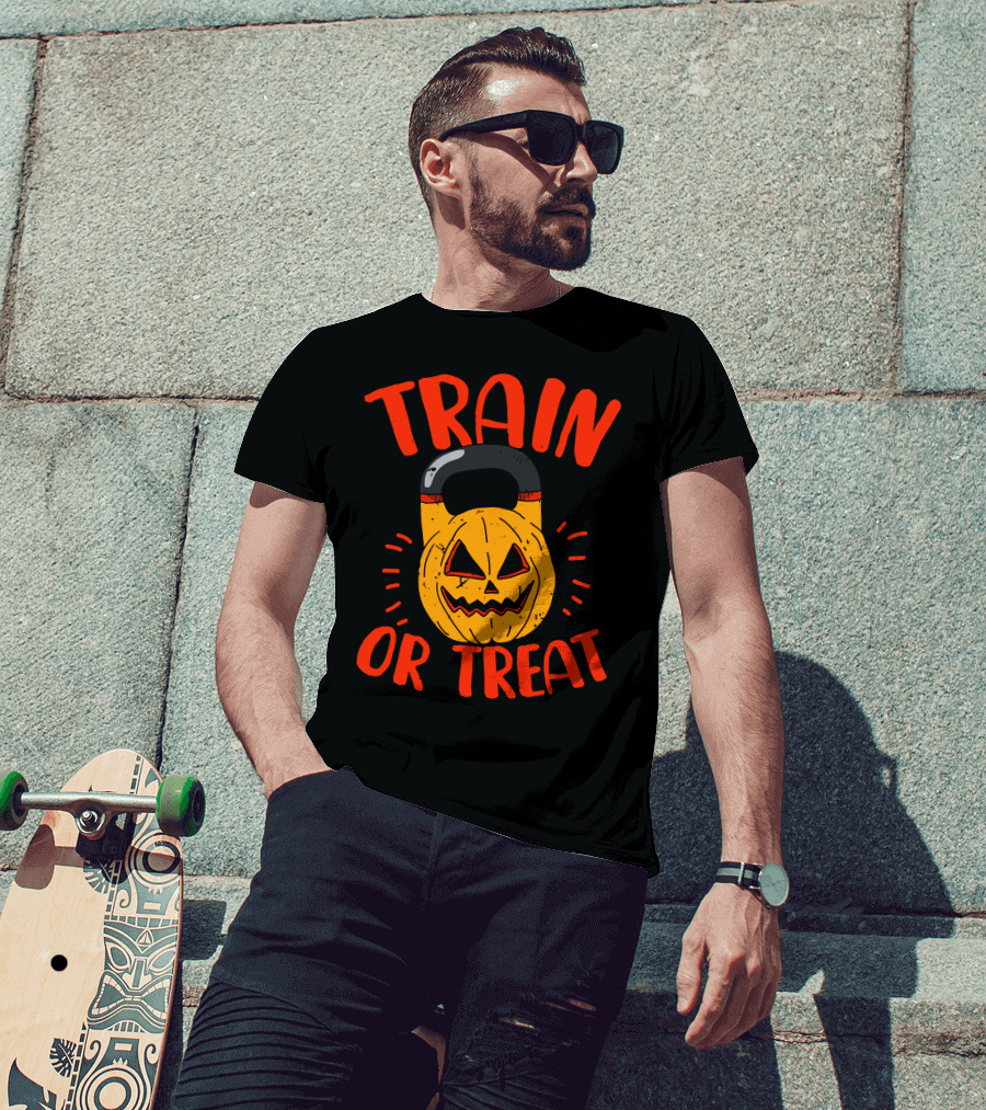 Train Or Treat Pumpkin Kettlebell T-Shirt