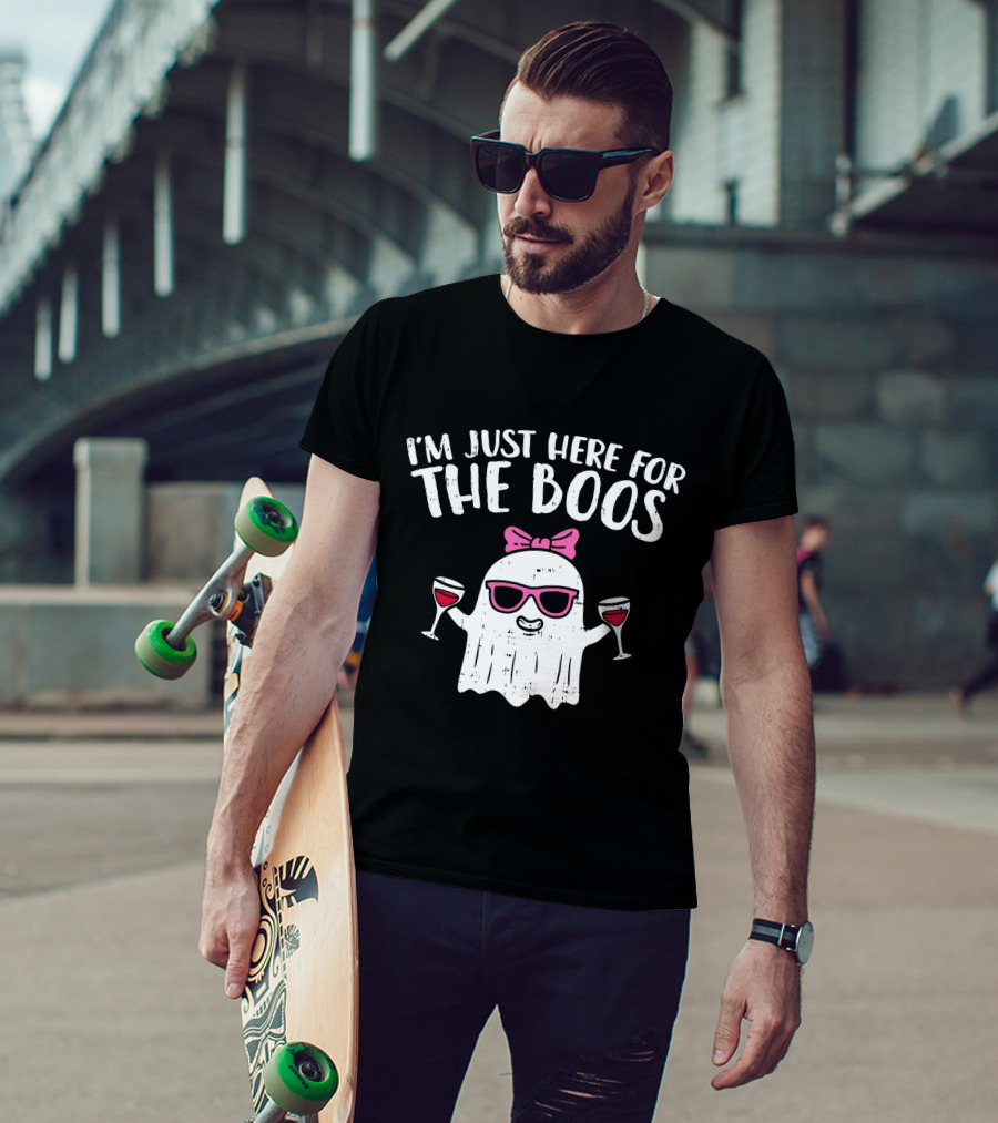 I'm Just Here For The Boos Ghost With Wine Glasses Halloween T-Shirt