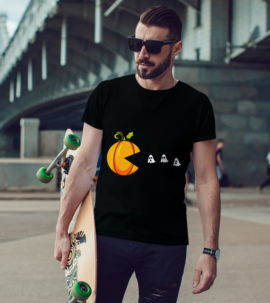 Pumpkin Pac-Man Chomping Ghosts Halloween T-Shirt