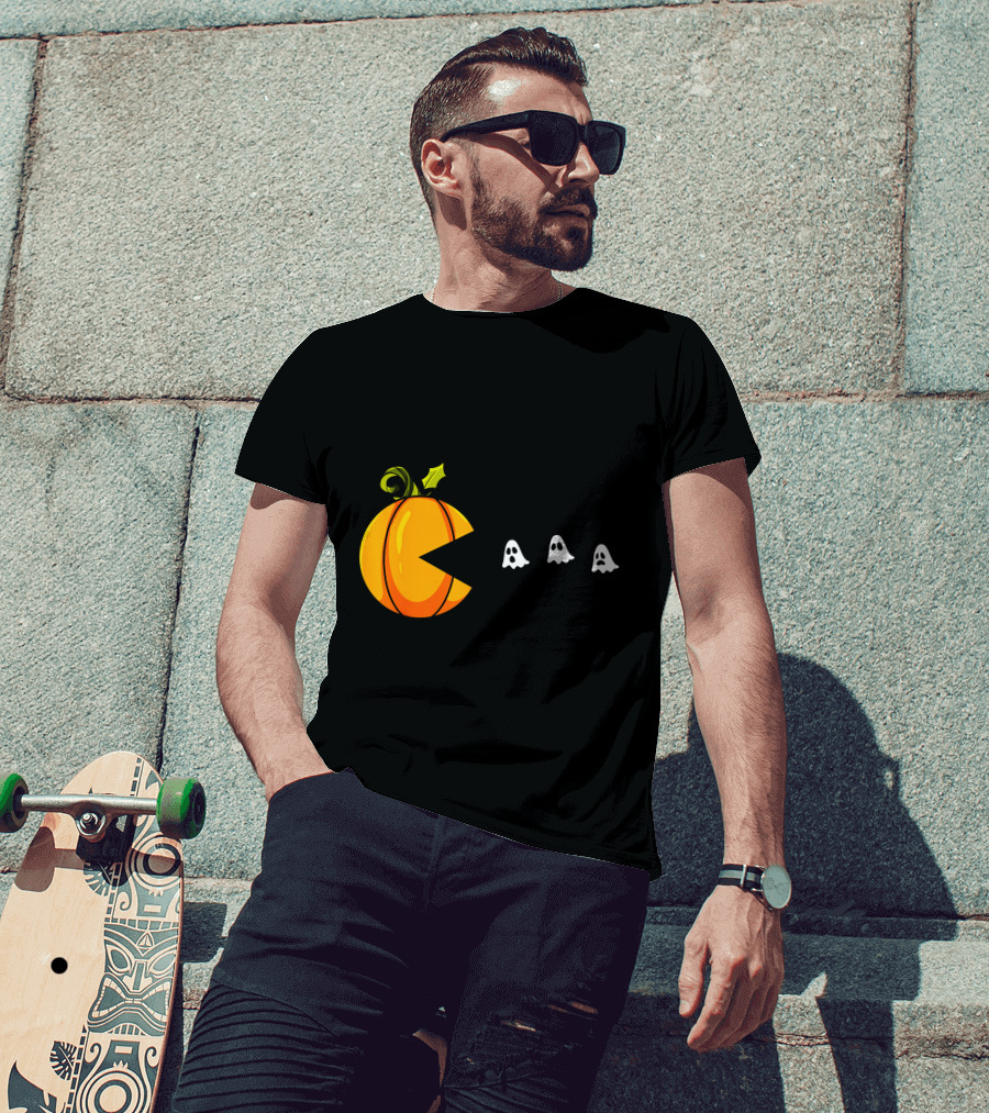Pumpkin Pac-Man Chomping Ghosts Halloween T-Shirt