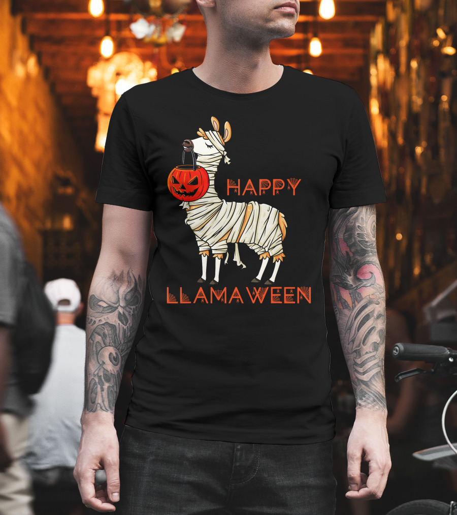 Happy Llamaween Funny Halloween Mummy Llama with Pumpkin Girls T-Shirt