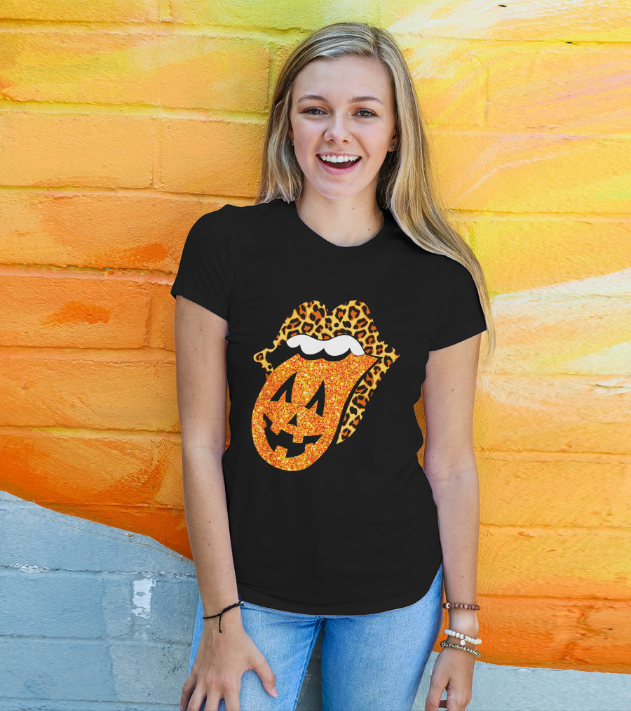 Leopard Lips Pumpkin Tongue Halloween Jack-O'-Lantern Face T-Shirt