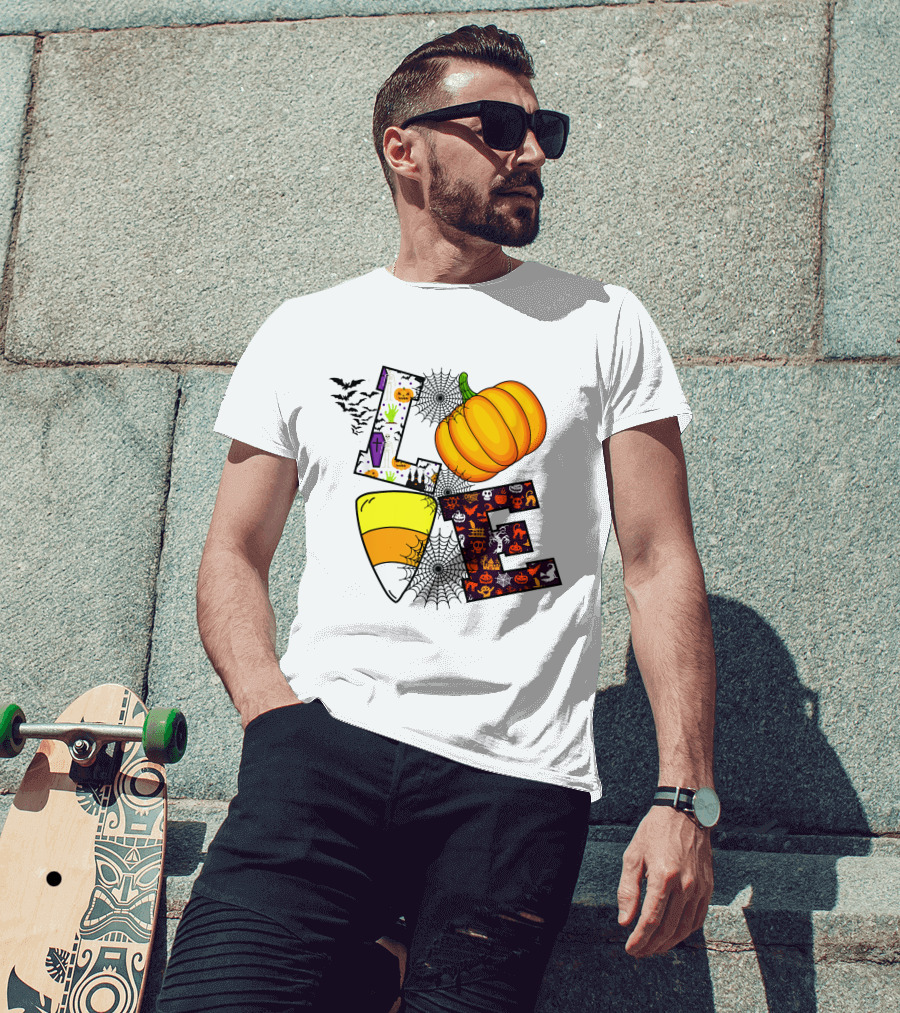 Love Pumpkin Candy Corn Halloween Spiderweb Bats Ghosts T-Shirt