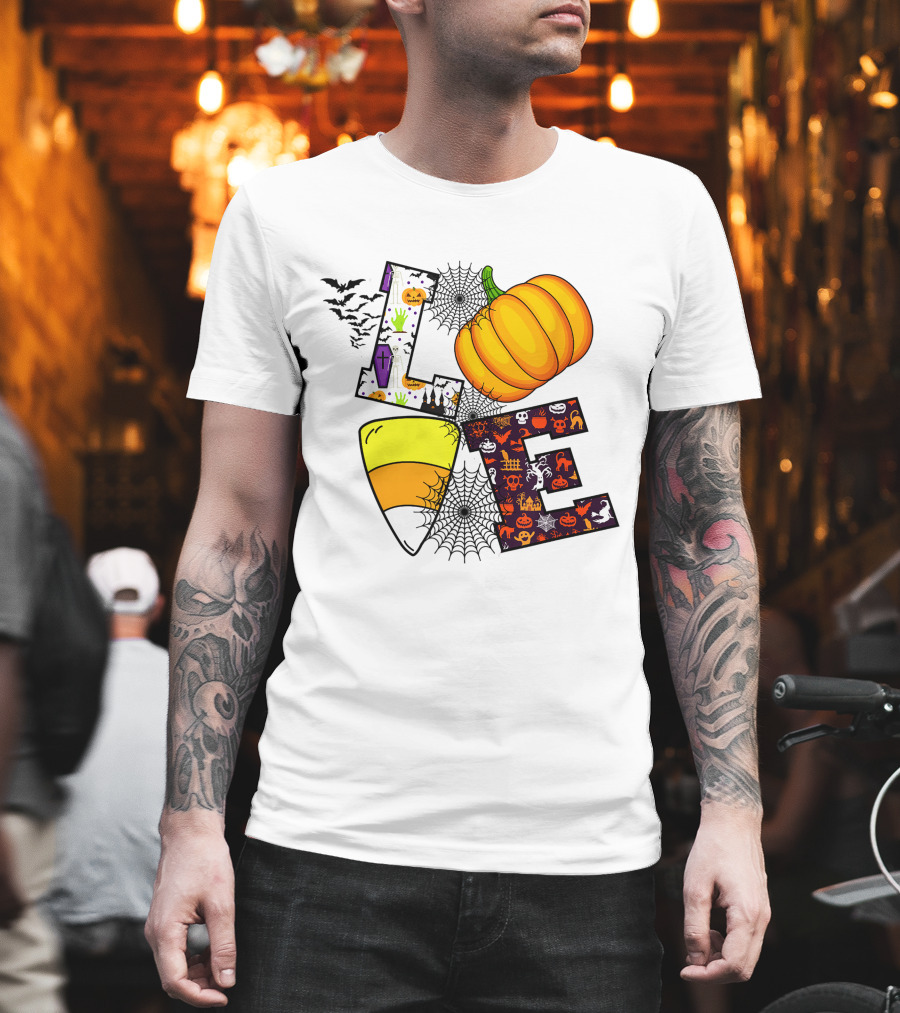Love Pumpkin Candy Corn Halloween Spiderweb Bats Ghosts T-Shirt