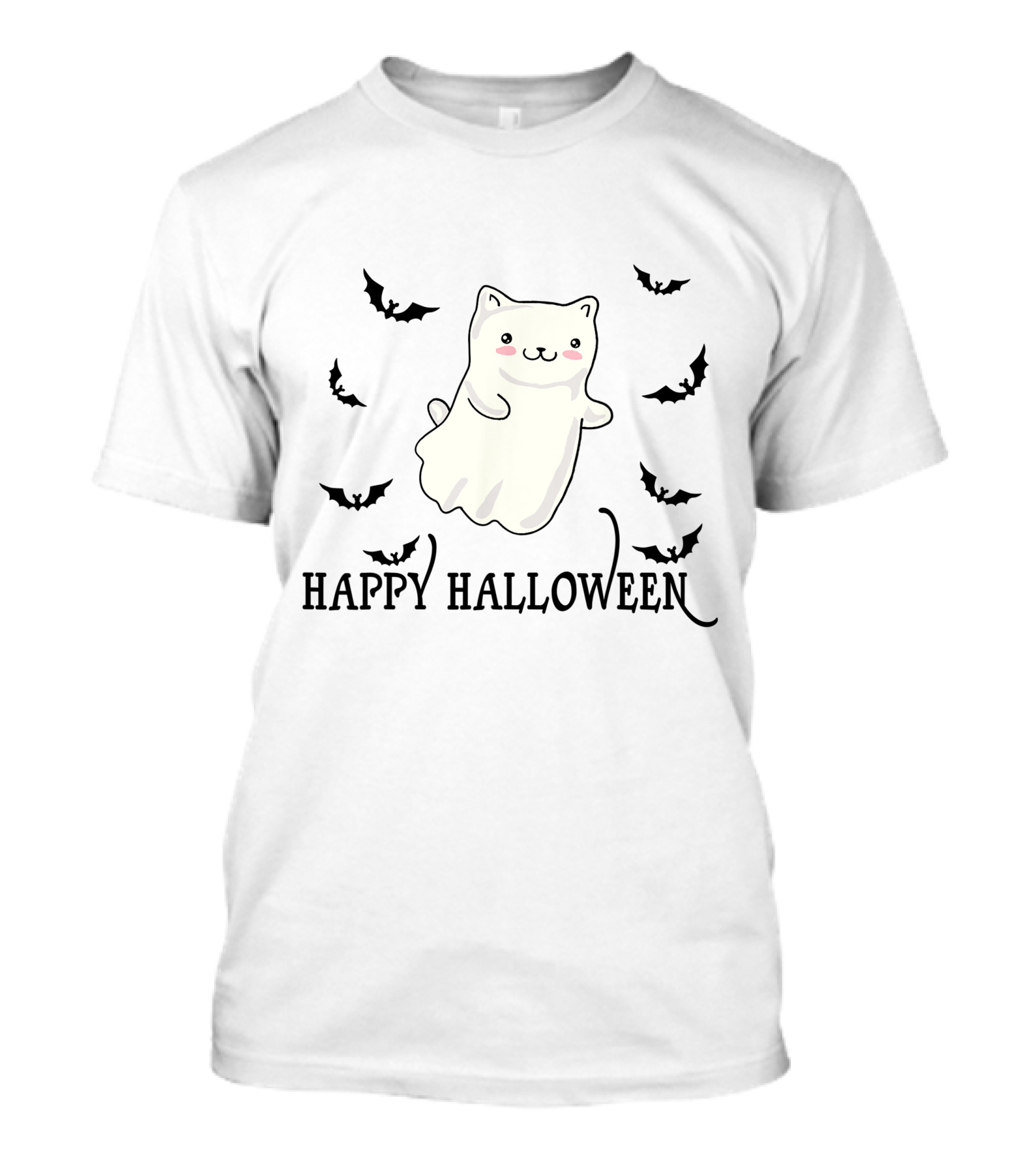 Happy Halloween Ghost Cat With Flying Bats T-Shirt
