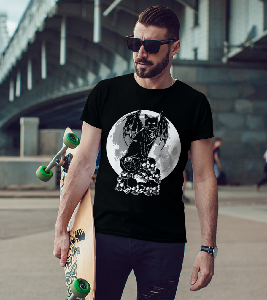 Halloween Cat Wings Skulls Moon Creepy Peace Sign T-Shirt