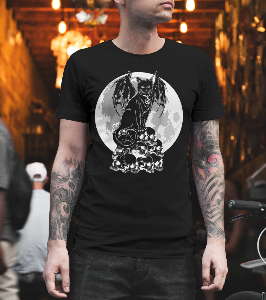 Halloween Cat Wings Skulls Moon Creepy Peace Sign T-Shirt